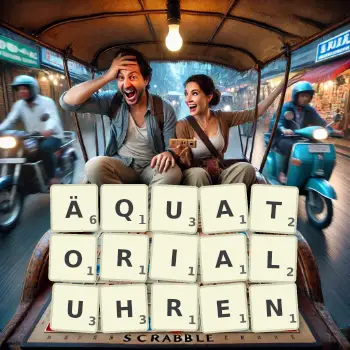Kreative Illustration für ein Scrabble-Spiel, bei dem das Wort ÄQUATORIALUHREN mit Steinen auf dem Brett gelegt wurde.
