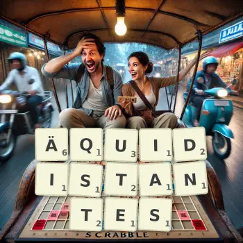 Kreative Illustration für ein Scrabble-Spiel, bei dem das Wort ÄQUIDISTANTES mit Steinen auf dem Brett gelegt wurde.