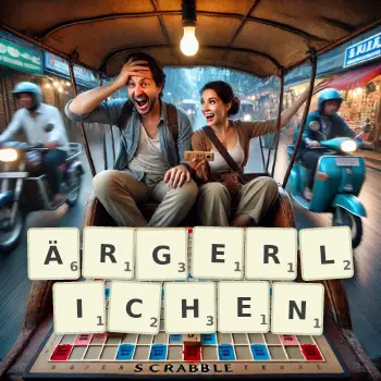 Kreative Illustration für ein Scrabble-Spiel, bei dem das Wort ÄRGERLICHEN mit Steinen auf dem Brett gelegt wurde.