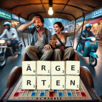 Kreative Illustration für ein Scrabble-Spiel, bei dem das Wort ÄRGERTEN mit Steinen auf dem Brett gelegt wurde.