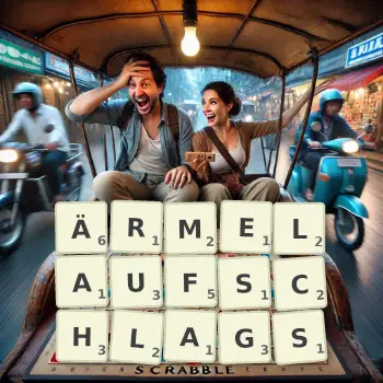 Kreative Illustration für ein Scrabble-Spiel, bei dem das Wort ÄRMELAUFSCHLAGS mit Steinen auf dem Brett gelegt wurde.