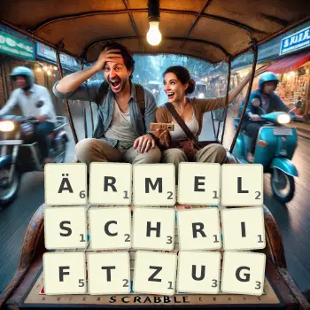Kreative Illustration für ein Scrabble-Spiel, bei dem das Wort ÄRMELSCHRIFTZUG mit Steinen auf dem Brett gelegt wurde.
