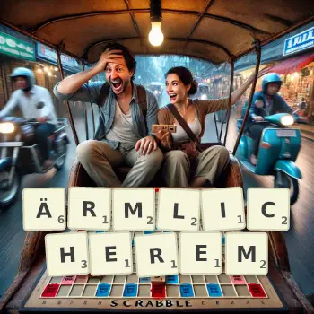 Kreative Illustration für ein Scrabble-Spiel, bei dem das Wort ÄRMLICHEREM mit Steinen auf dem Brett gelegt wurde.