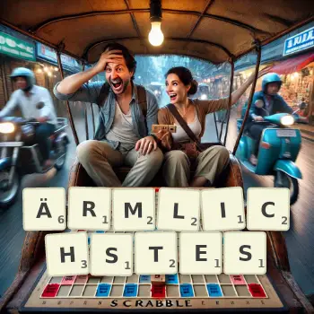 Kreative Illustration für ein Scrabble-Spiel, bei dem das Wort ÄRMLICHSTES mit Steinen auf dem Brett gelegt wurde.