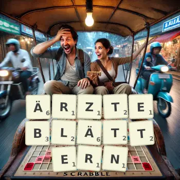 Kreative Illustration für ein Scrabble-Spiel, bei dem das Wort ÄRZTEBLÄTTERN mit Steinen auf dem Brett gelegt wurde.