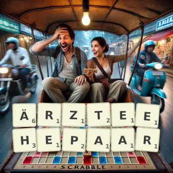 Kreative Illustration für ein Scrabble-Spiel, bei dem das Wort ÄRZTEEHEPAAR mit Steinen auf dem Brett gelegt wurde.
