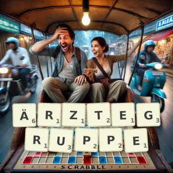 Kreative Illustration für ein Scrabble-Spiel, bei dem das Wort ÄRZTEGRUPPE mit Steinen auf dem Brett gelegt wurde.