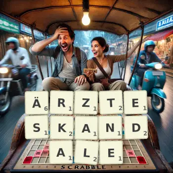Kreative Illustration für ein Scrabble-Spiel, bei dem das Wort ÄRZTESKANDALE mit Steinen auf dem Brett gelegt wurde.