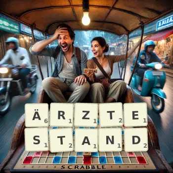 Kreative Illustration für ein Scrabble-Spiel, bei dem das Wort ÄRZTESTAND mit Steinen auf dem Brett gelegt wurde.