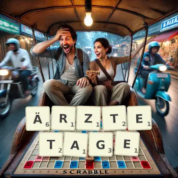 Kreative Illustration für ein Scrabble-Spiel, bei dem das Wort ÄRZTETAGE mit Steinen auf dem Brett gelegt wurde.