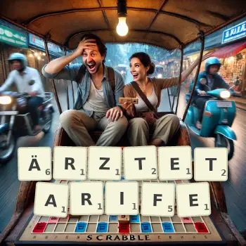 Kreative Illustration für ein Scrabble-Spiel, bei dem das Wort ÄRZTETARIFE mit Steinen auf dem Brett gelegt wurde.