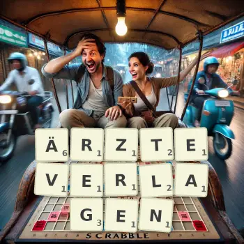 Kreative Illustration für ein Scrabble-Spiel, bei dem das Wort ÄRZTEVERLAGEN mit Steinen auf dem Brett gelegt wurde.