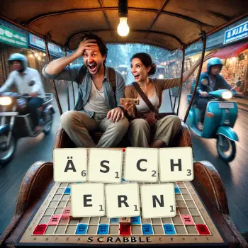 Kreative Illustration für ein Scrabble-Spiel, bei dem das Wort ÄSCHERN mit Steinen auf dem Brett gelegt wurde.