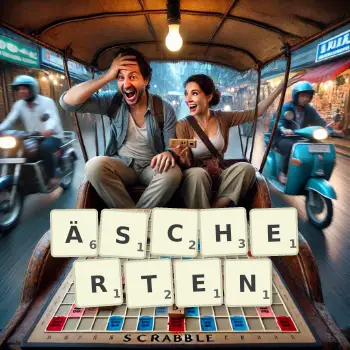 Kreative Illustration für ein Scrabble-Spiel, bei dem das Wort ÄSCHERTEN mit Steinen auf dem Brett gelegt wurde.