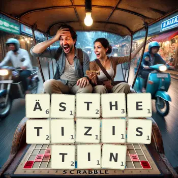 Kreative Illustration für ein Scrabble-Spiel, bei dem das Wort ÄSTHETIZISTIN mit Steinen auf dem Brett gelegt wurde.