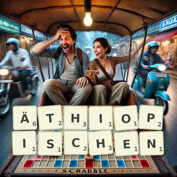 Kreative Illustration für ein Scrabble-Spiel, bei dem das Wort ÄTHIOPISCHEN mit Steinen auf dem Brett gelegt wurde.