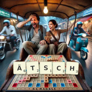 Kreative Illustration für ein Scrabble-Spiel, bei dem das Wort ÄTSCH mit Steinen auf dem Brett gelegt wurde.
