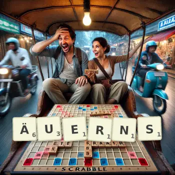 Kreative Illustration für ein Scrabble-Spiel, bei dem das Wort ÄUERNS mit Steinen auf dem Brett gelegt wurde.