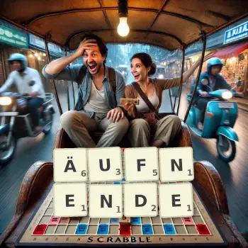 Kreative Illustration für ein Scrabble-Spiel, bei dem das Wort ÄUFNENDE mit Steinen auf dem Brett gelegt wurde.