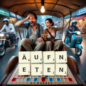 Kreative Illustration für ein Scrabble-Spiel, bei dem das Wort ÄUFNETEN mit Steinen auf dem Brett gelegt wurde.