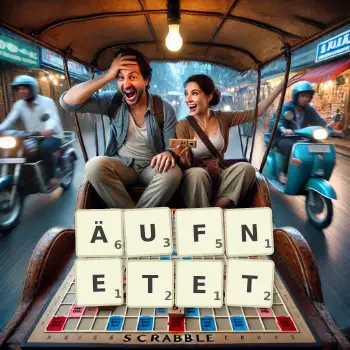 Kreative Illustration für ein Scrabble-Spiel, bei dem das Wort ÄUFNETET mit Steinen auf dem Brett gelegt wurde.