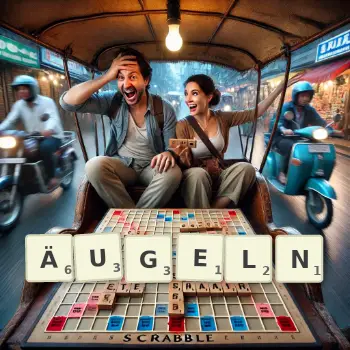 Kreative Illustration für ein Scrabble-Spiel, bei dem das Wort ÄUGELN mit Steinen auf dem Brett gelegt wurde.