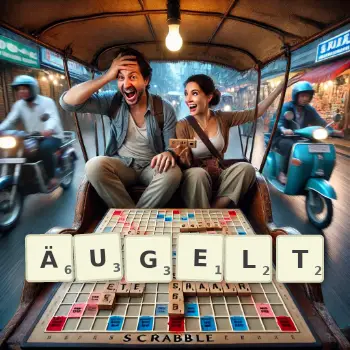 Kreative Illustration für ein Scrabble-Spiel, bei dem das Wort ÄUGELT mit Steinen auf dem Brett gelegt wurde.