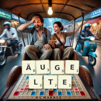 Kreative Illustration für ein Scrabble-Spiel, bei dem das Wort ÄUGELTE mit Steinen auf dem Brett gelegt wurde.