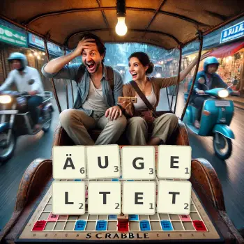 Kreative Illustration für ein Scrabble-Spiel, bei dem das Wort ÄUGELTET mit Steinen auf dem Brett gelegt wurde.