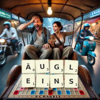 Kreative Illustration für ein Scrabble-Spiel, bei dem das Wort ÄUGLEINS mit Steinen auf dem Brett gelegt wurde.