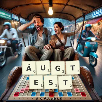 Kreative Illustration für ein Scrabble-Spiel, bei dem das Wort ÄUGTEST mit Steinen auf dem Brett gelegt wurde.
