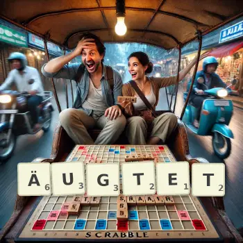 Kreative Illustration für ein Scrabble-Spiel, bei dem das Wort ÄUGTET mit Steinen auf dem Brett gelegt wurde.