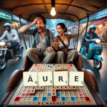 Kreative Illustration für ein Scrabble-Spiel, bei dem das Wort ÄURE mit Steinen auf dem Brett gelegt wurde.