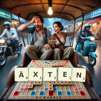 Kreative Illustration für ein Scrabble-Spiel, bei dem das Wort ÄXTEN mit Steinen auf dem Brett gelegt wurde.