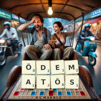 Kreative Illustration für ein Scrabble-Spiel, bei dem das Wort ÖDEMATÖS mit Steinen auf dem Brett gelegt wurde.