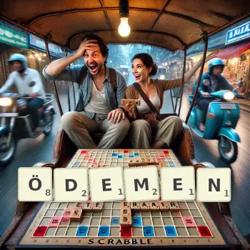 Kreative Illustration für ein Scrabble-Spiel, bei dem das Wort ÖDEMEN mit Steinen auf dem Brett gelegt wurde.