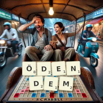 Kreative Illustration für ein Scrabble-Spiel, bei dem das Wort ÖDENDEM mit Steinen auf dem Brett gelegt wurde.