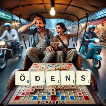 Kreative Illustration für ein Scrabble-Spiel, bei dem das Wort ÖDENS mit Steinen auf dem Brett gelegt wurde.