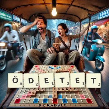 Kreative Illustration für ein Scrabble-Spiel, bei dem das Wort ÖDETET mit Steinen auf dem Brett gelegt wurde.