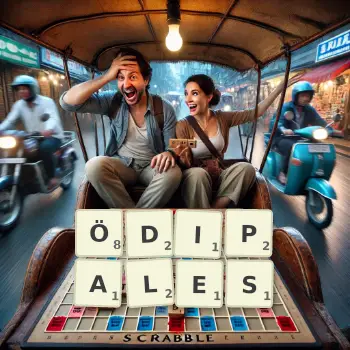 Kreative Illustration für ein Scrabble-Spiel, bei dem das Wort ÖDIPALES mit Steinen auf dem Brett gelegt wurde.