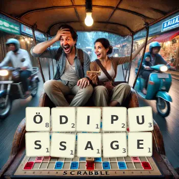 Kreative Illustration für ein Scrabble-Spiel, bei dem das Wort ÖDIPUSSAGE mit Steinen auf dem Brett gelegt wurde.