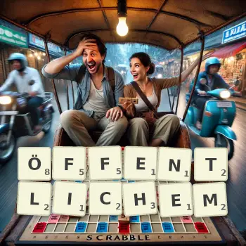 Kreative Illustration für ein Scrabble-Spiel, bei dem das Wort ÖFFENTLICHEM mit Steinen auf dem Brett gelegt wurde.