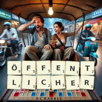 Kreative Illustration für ein Scrabble-Spiel, bei dem das Wort ÖFFENTLICHER mit Steinen auf dem Brett gelegt wurde.