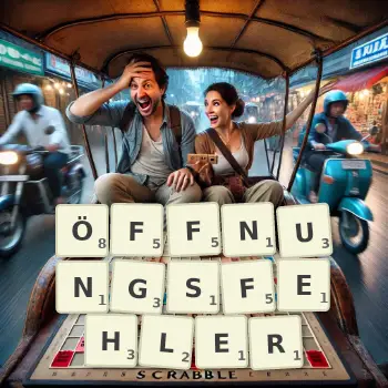 Kreative Illustration für ein Scrabble-Spiel, bei dem das Wort ÖFFNUNGSFEHLER mit Steinen auf dem Brett gelegt wurde.