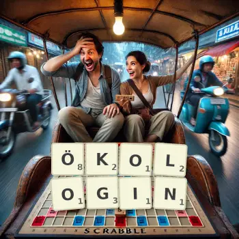 Kreative Illustration für ein Scrabble-Spiel, bei dem das Wort ÖKOLOGIN mit Steinen auf dem Brett gelegt wurde.