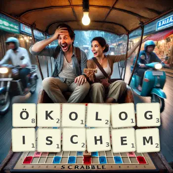 Kreative Illustration für ein Scrabble-Spiel, bei dem das Wort ÖKOLOGISCHEM mit Steinen auf dem Brett gelegt wurde.