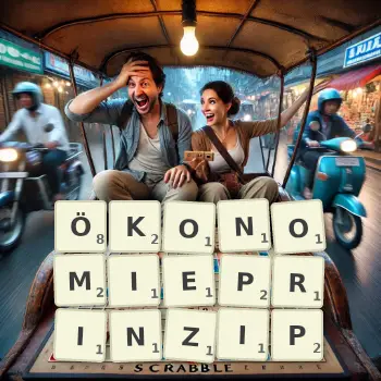 Kreative Illustration für ein Scrabble-Spiel, bei dem das Wort ÖKONOMIEPRINZIP mit Steinen auf dem Brett gelegt wurde.