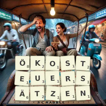 Kreative Illustration für ein Scrabble-Spiel, bei dem das Wort ÖKOSTEUERSÄTZEN mit Steinen auf dem Brett gelegt wurde.