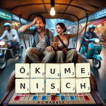 Kreative Illustration für ein Scrabble-Spiel, bei dem das Wort ÖKUMENISCH mit Steinen auf dem Brett gelegt wurde.