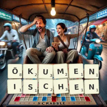 Kreative Illustration für ein Scrabble-Spiel, bei dem das Wort ÖKUMENISCHEN mit Steinen auf dem Brett gelegt wurde.